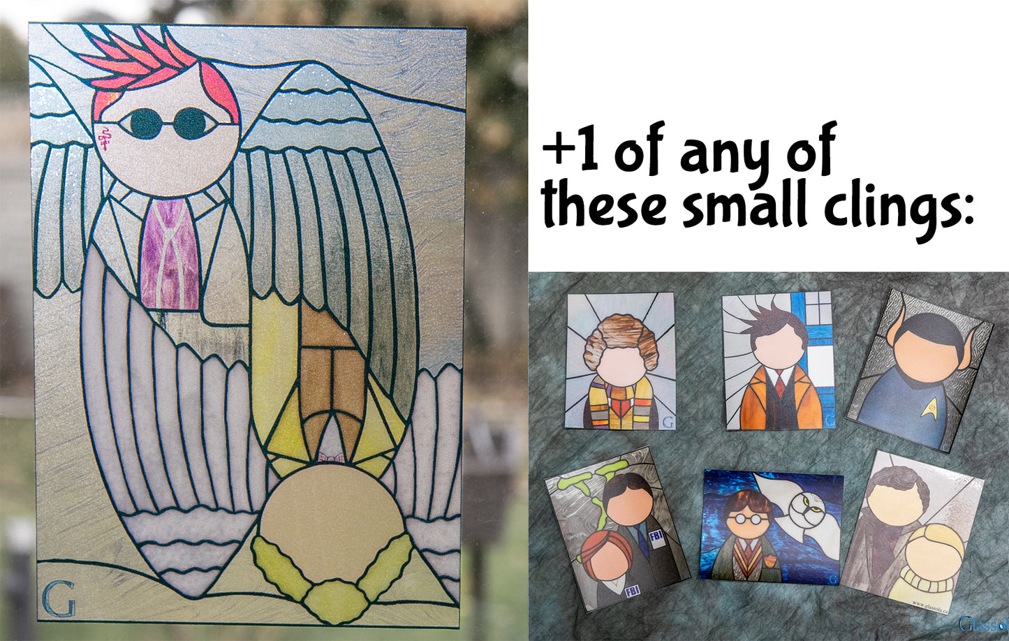 An Ineffable Duo Stained Glass Window Cling + another fandom cling
